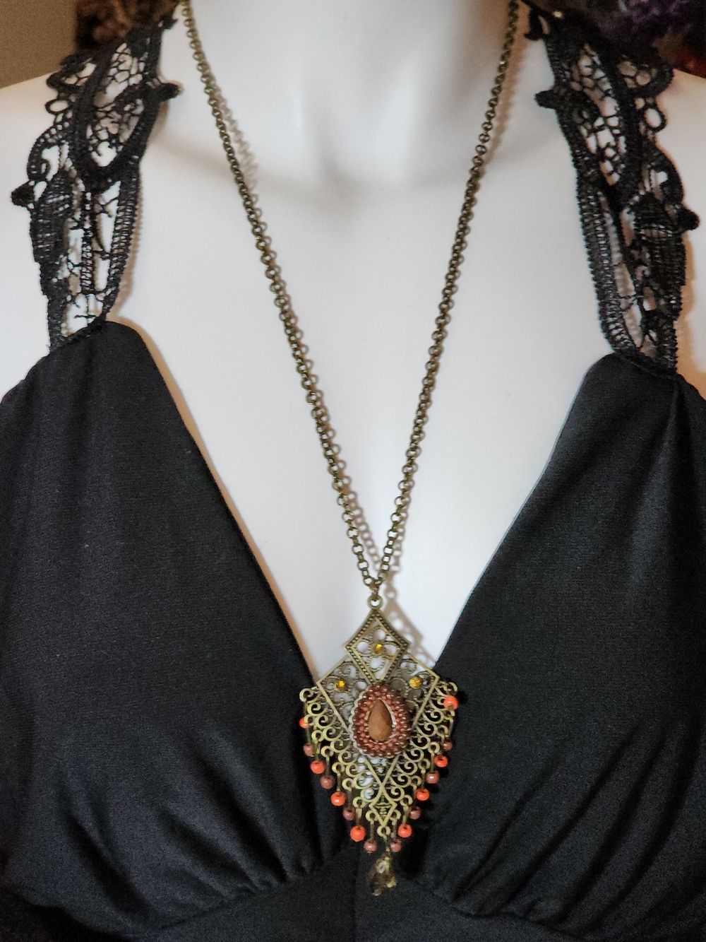 Vintage Antique Brass Toned Filigree Pendant Necklace with Coral & Brown Beads